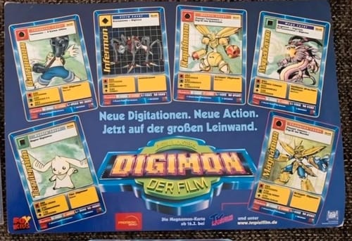 Werbekarte zum Kinostart: die fünf Kinokarten, dazu Magnamon rechts unten