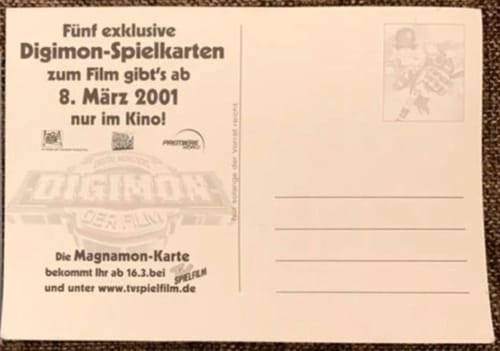 Rückseite: „Fünf exklusive Digimon-Spielkarten … ab 8. März 2001 nur im Kino!" — Magnamon dagegen ab 16.3. bei TV Spielfilm